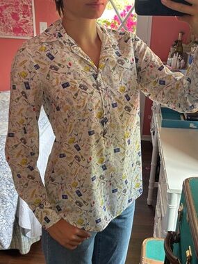 Printed Button-Down Blouse in Cream with Multi-Color Motif